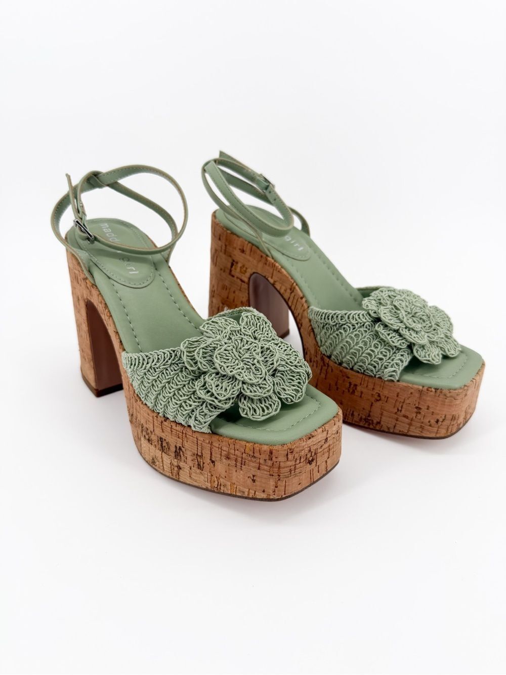 Madden Girl Gardenn Crochet Floral Cork Platform Block Heel Sandals Sage 5 NEW